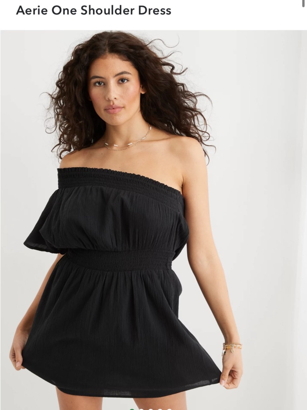 Aerie Black One-Shoulder Smocked-Waist Mini Dress Size M